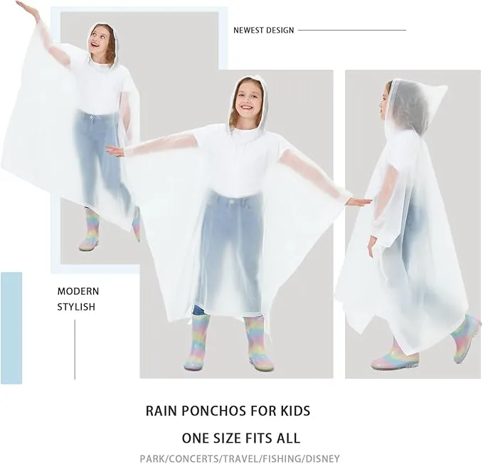 2 Pack Kids Rain Ponchos Reusable EVA Ponchos with Drawstring Hood, Waterproof Jacket for Boys and Girls