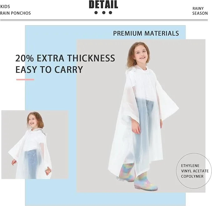 2 Pack Kids Rain Ponchos Reusable EVA Ponchos with Drawstring Hood, Waterproof Jacket for Boys and Girls
