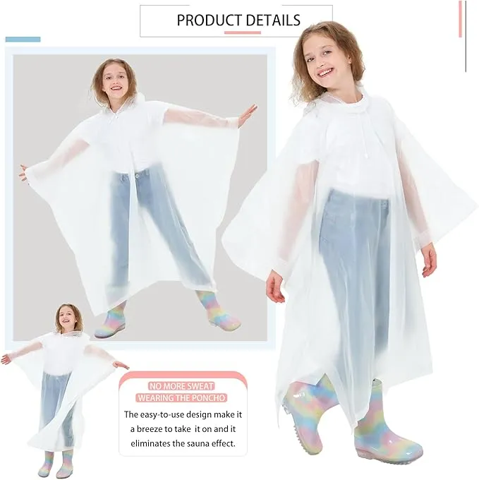 2 Pack Kids Rain Ponchos Reusable EVA Ponchos with Drawstring Hood, Waterproof Jacket for Boys and Girls
