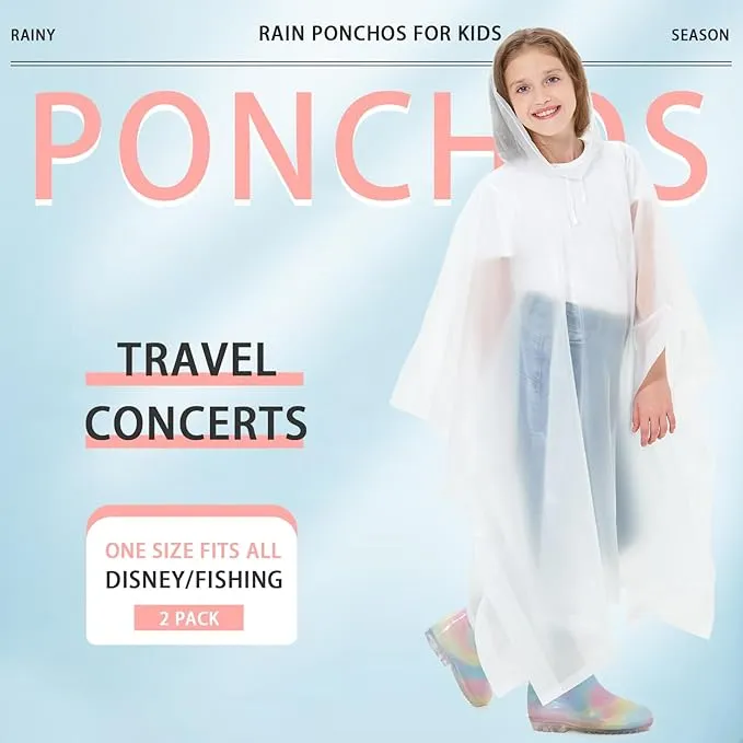 2 Pack Kids Rain Ponchos Reusable EVA Ponchos with Drawstring Hood, Waterproof Jacket for Boys and Girls