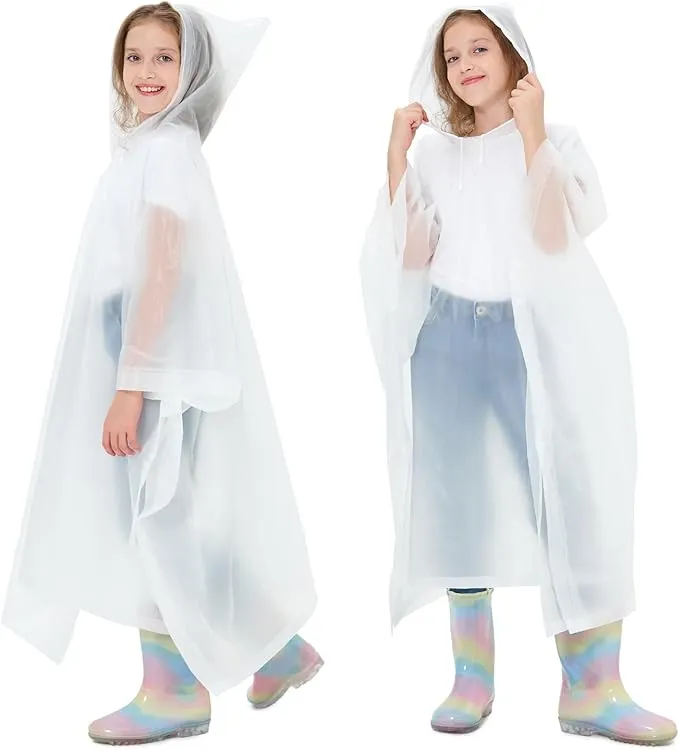 2 Pack Kids Rain Ponchos Reusable EVA Ponchos with Drawstring Hood, Waterproof Jacket for Boys and Girls