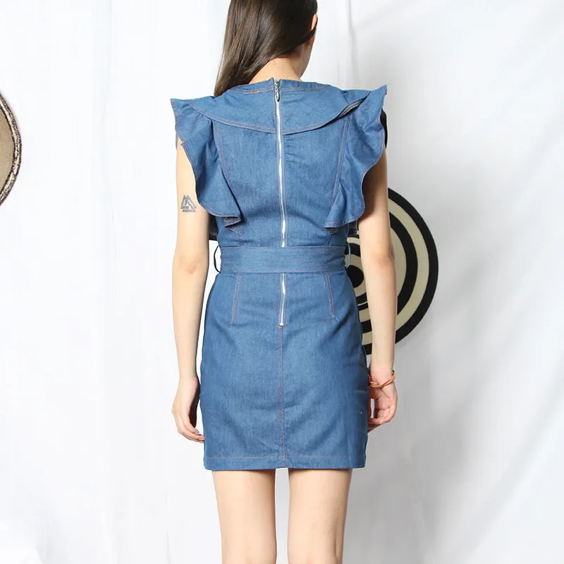 2025 Australian trendy brand niche design denim skirt  spring new fashion V-neck ruffle edge waist thin dress