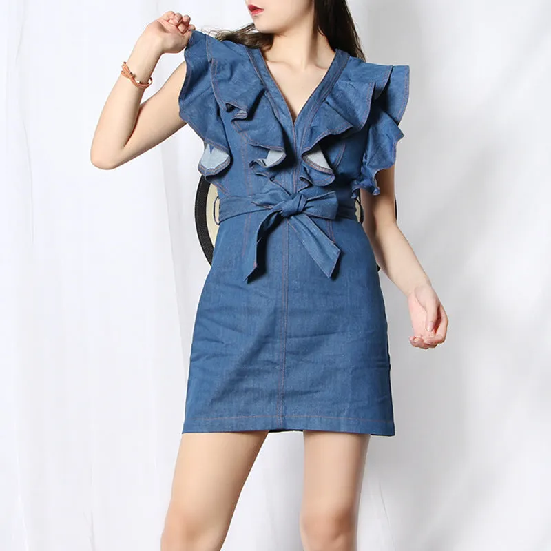 2025 Australian trendy brand niche design denim skirt  spring new fashion V-neck ruffle edge waist thin dress
