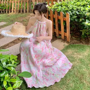 2025 Chiffon neck dress women's summer  high-end sense thin floral skirt seaside vacation wind pendulum long skirt