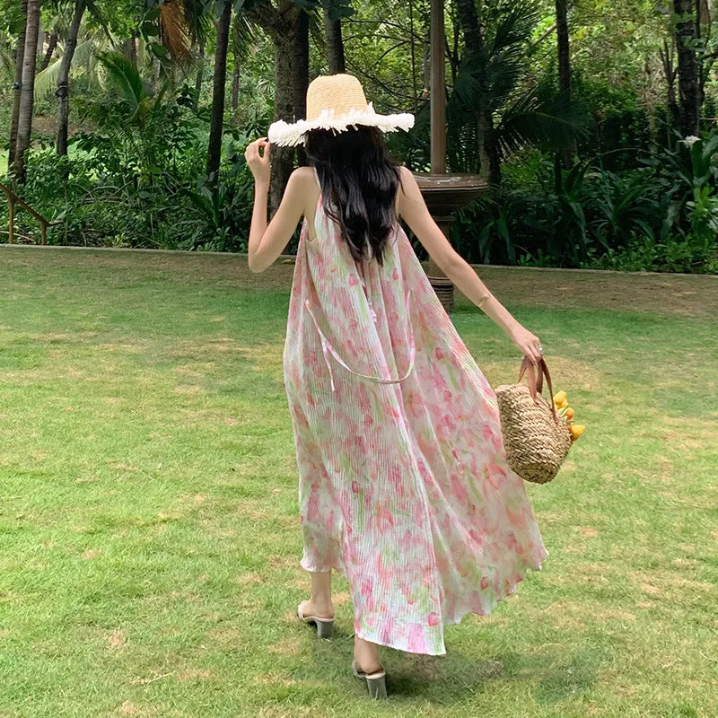 2025 Chiffon neck dress women's summer  high-end sense thin floral skirt seaside vacation wind pendulum long skirt