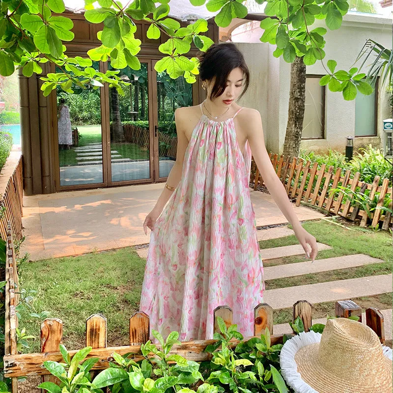 2025 Chiffon neck dress women's summer  high-end sense thin floral skirt seaside vacation wind pendulum long skirt