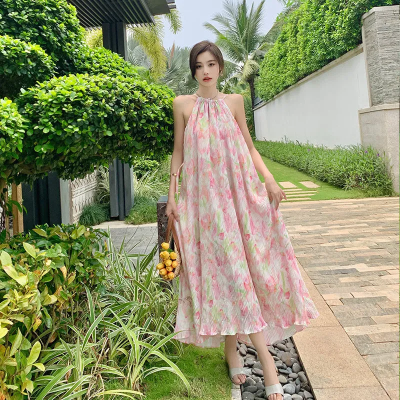 2025 Chiffon neck dress women's summer  high-end sense thin floral skirt seaside vacation wind pendulum long skirt