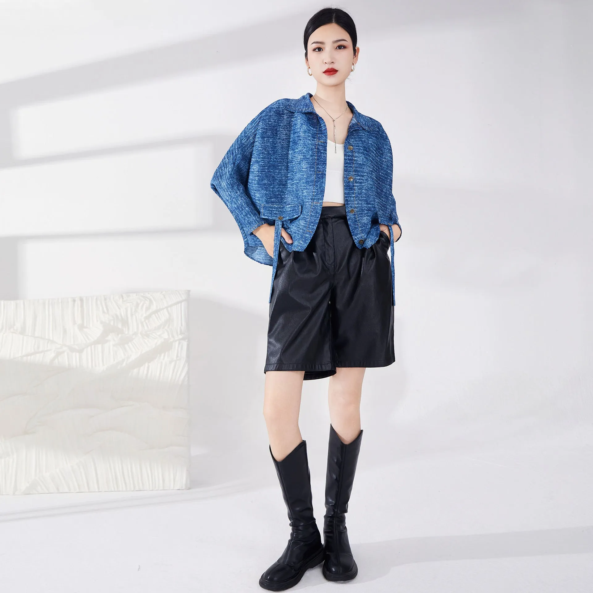 2025 denim pleated jacket women's spring and autumn new loose and thin bat sleeve top fashion versatile cardigan