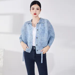 2025 denim pleated jacket women's spring and autumn new loose and thin bat sleeve top fashion versatile cardigan
