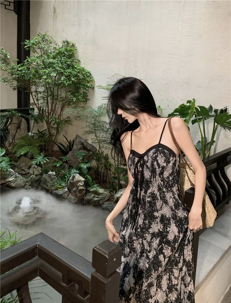 2025 retro black and purple smudged suspender skirt women's summer new seaside vacation long sweet and spicy thin dress