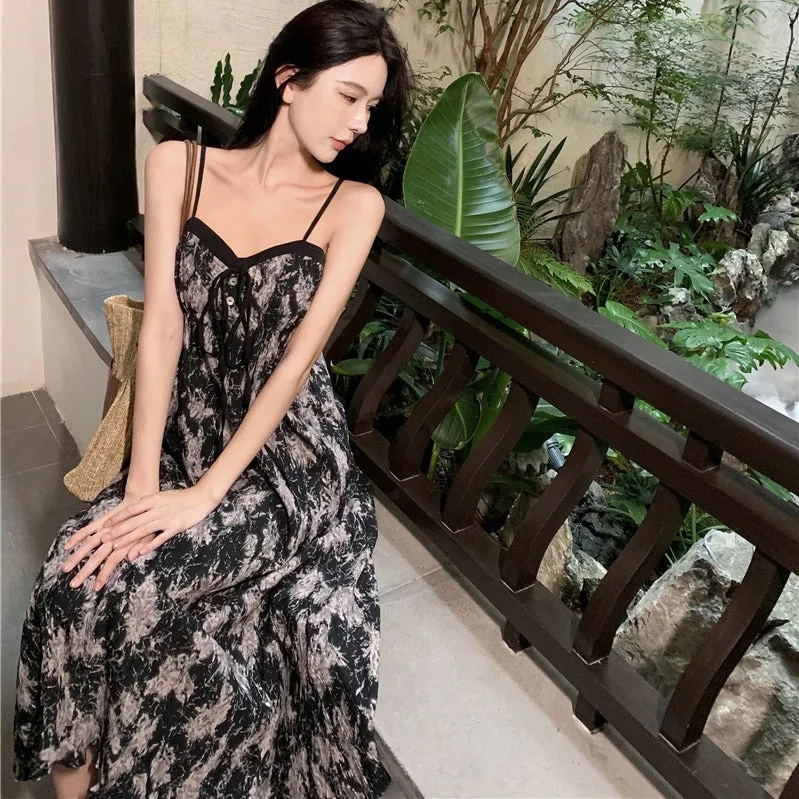 2025 retro black and purple smudged suspender skirt women's summer new seaside vacation long sweet and spicy thin dress