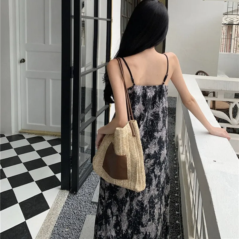2025 retro black and purple smudged suspender skirt women's summer new seaside vacation long sweet and spicy thin dress