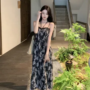 2025 retro black and purple smudged suspender skirt women's summer new seaside vacation long sweet and spicy thin dress