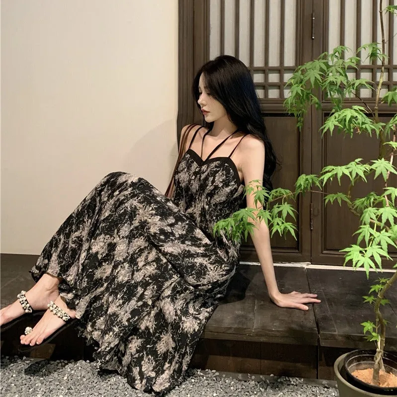2025 retro black and purple smudged suspender skirt women's summer new seaside vacation long sweet and spicy thin dress
