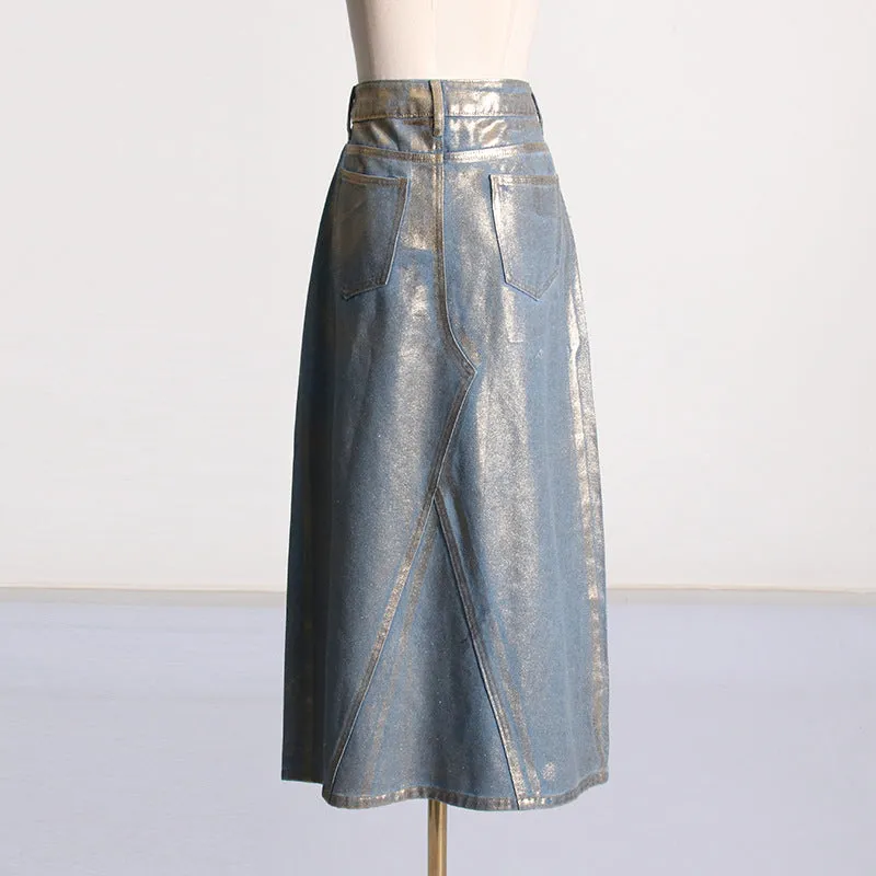 2025 spring new street trend wind bronzing design A-shaped skirt fashionable high waist and thin denim skirt