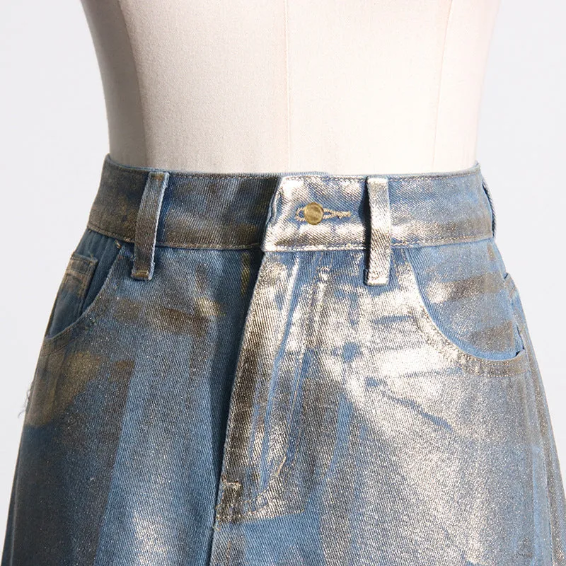 2025 spring new street trend wind bronzing design A-shaped skirt fashionable high waist and thin denim skirt