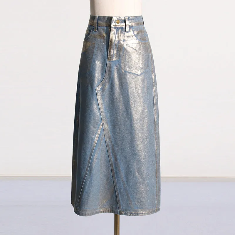 2025 spring new street trend wind bronzing design A-shaped skirt fashionable high waist and thin denim skirt