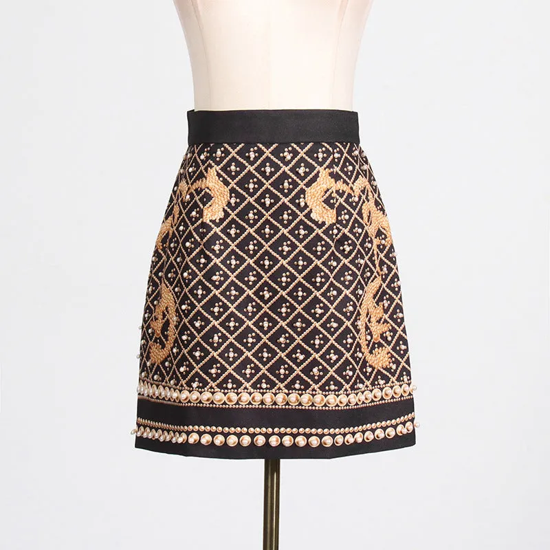 2025 spring new temperament retro printing beads high waist thin design short A-shaped skirt women