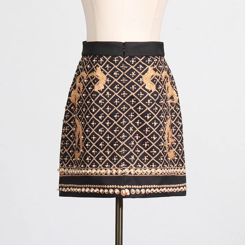 2025 spring new temperament retro printing beads high waist thin design short A-shaped skirt women