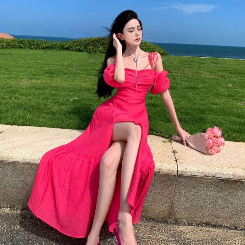 2025 waist temperament, thin one-word shoulder white rose red tube top split slim dress, holiday beach dress