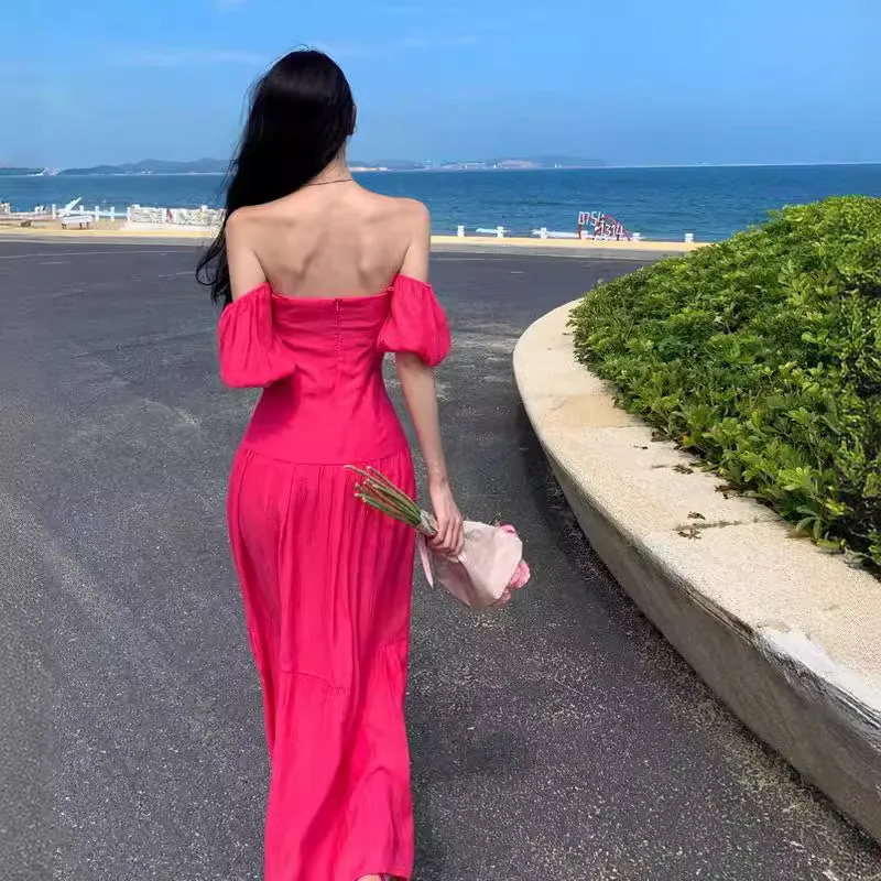 2025 waist temperament, thin one-word shoulder white rose red tube top split slim dress, holiday beach dress