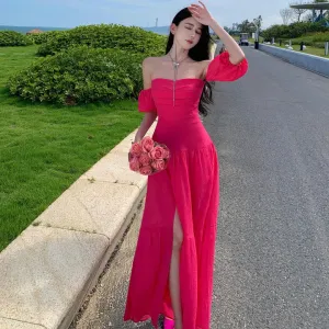 2025 waist temperament, thin one-word shoulder white rose red tube top split slim dress, holiday beach dress