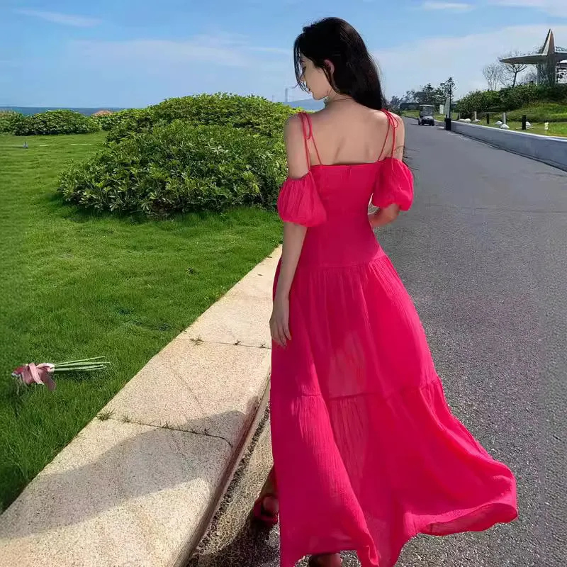 2025 waist temperament, thin one-word shoulder white rose red tube top split slim dress, holiday beach dress