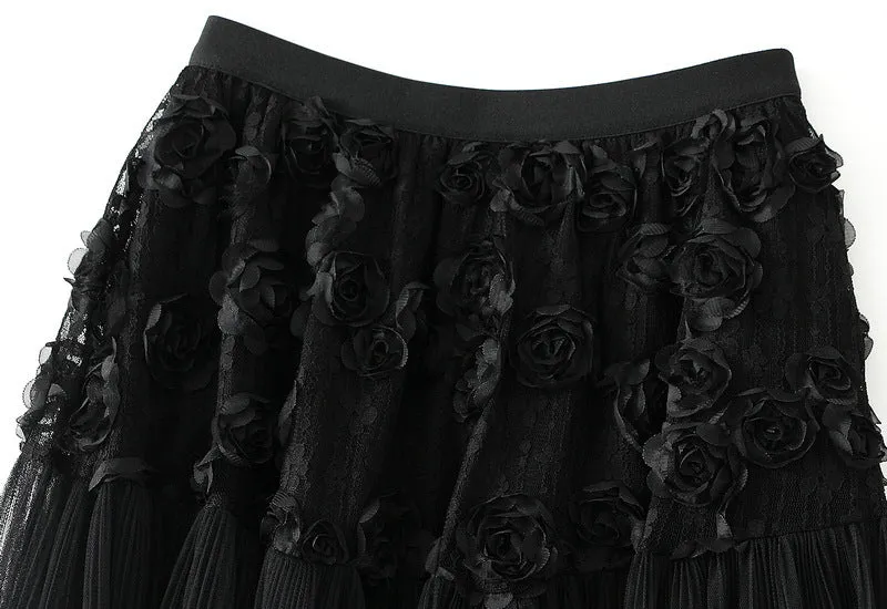 3D Floral Mesh High Waist Umbrella Skirt