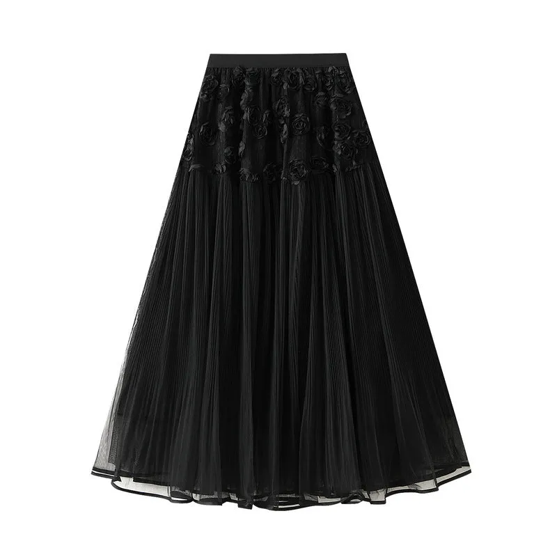 3D Floral Mesh High Waist Umbrella Skirt