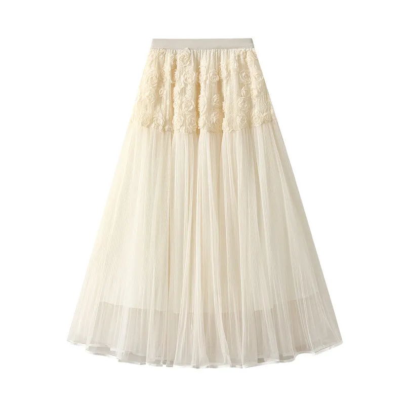3D Floral Mesh High Waist Umbrella Skirt