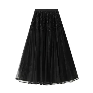 3D Floral Mesh High Waist Umbrella Skirt