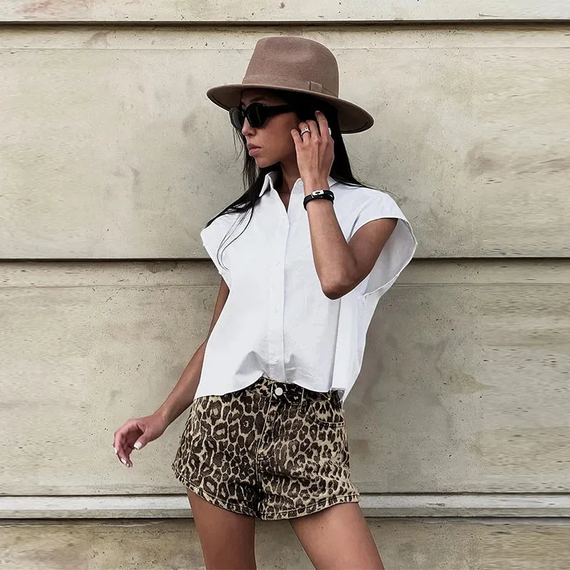 Adriana – Bold Leopard Denim Women’s Shorts