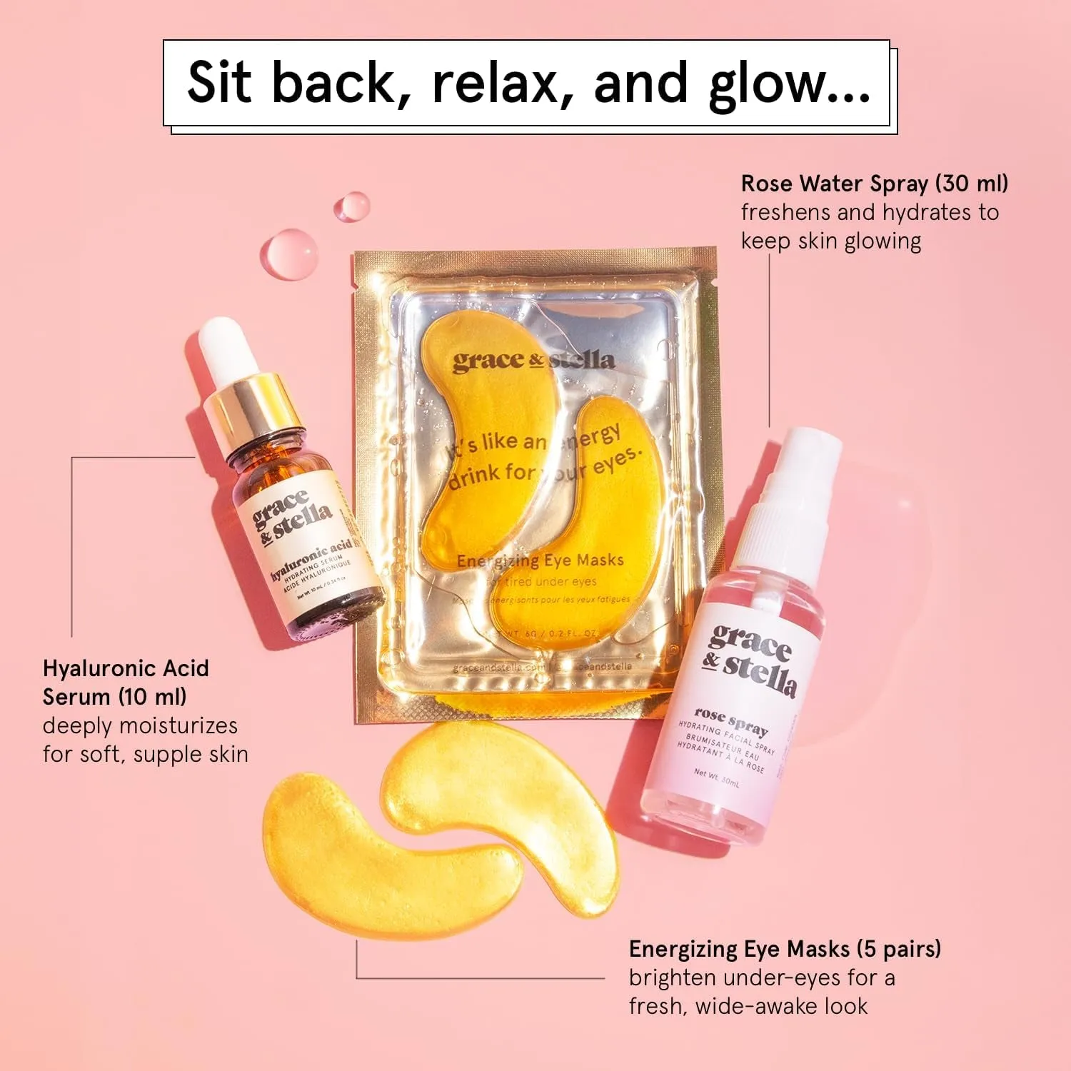 Award Winning Dew-Tox & Chill Valentines Day Gifts for Her - Gifts for Women with Gold Eye Masks, Hyaluronic Acid Serum & Rose Spray, Self Care Gifts for Mom, Wife, Bridesmaids, Teens