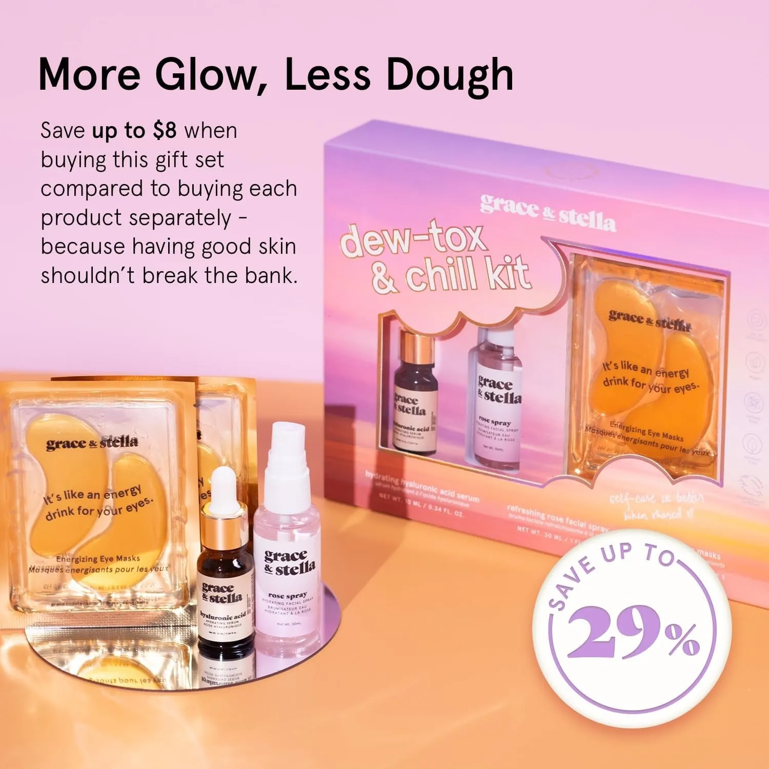 Award Winning Dew-Tox & Chill Valentines Day Gifts for Her - Gifts for Women with Gold Eye Masks, Hyaluronic Acid Serum & Rose Spray, Self Care Gifts for Mom, Wife, Bridesmaids, Teens