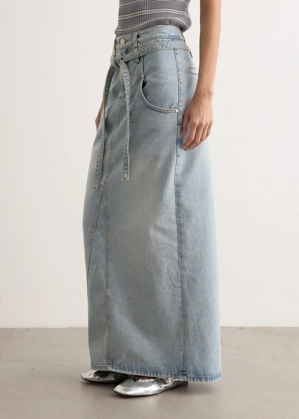 Belted High Waist Denim Skirt
