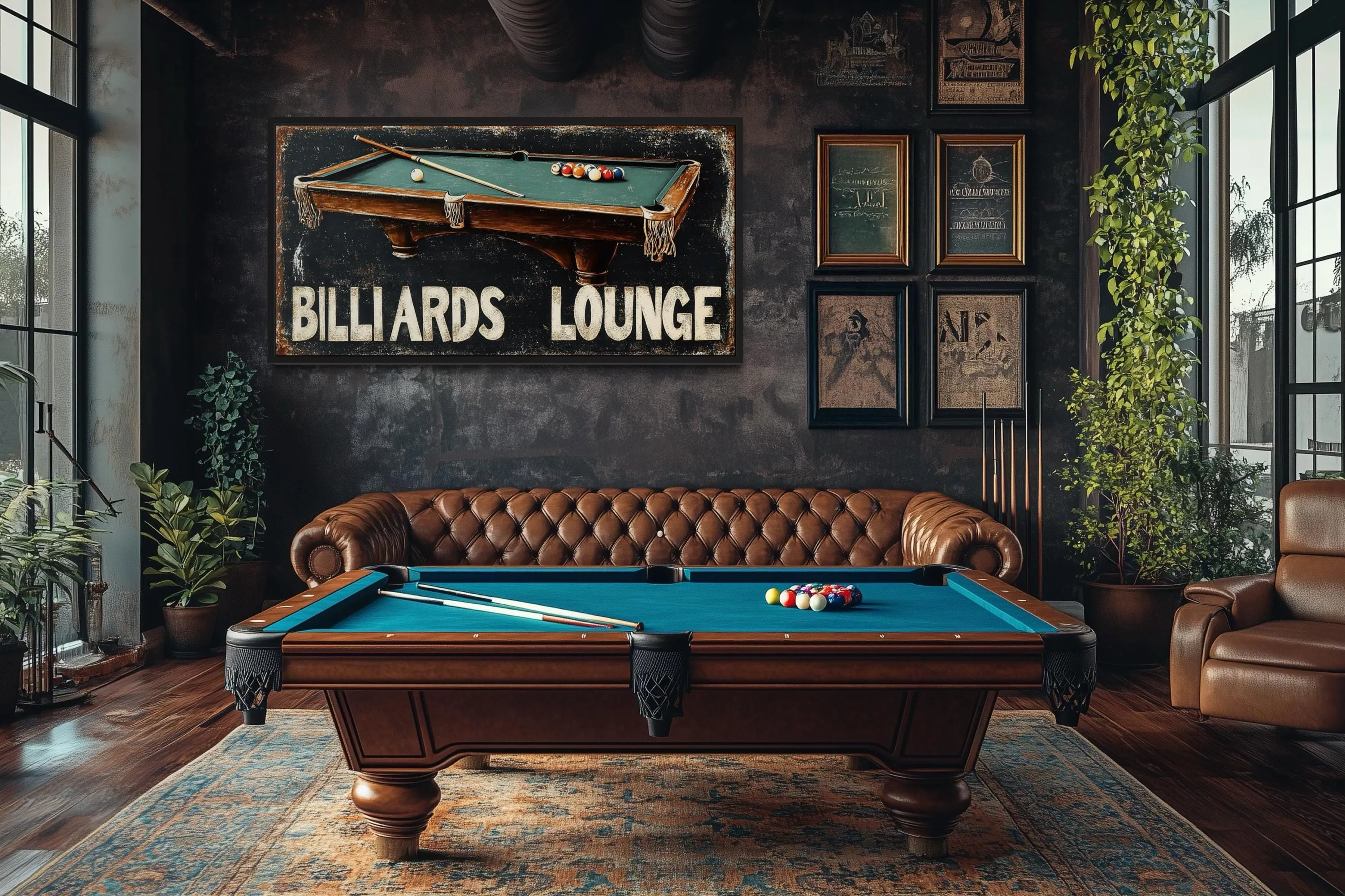 Billiards Room Sign - Billiards Lounge With Pool Table Painting Canvas Print