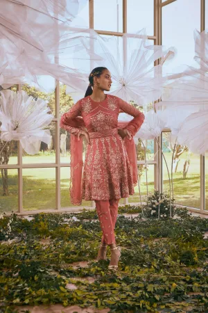 Brick Red Short Anarkali/ Pants/Dupatta/Belt