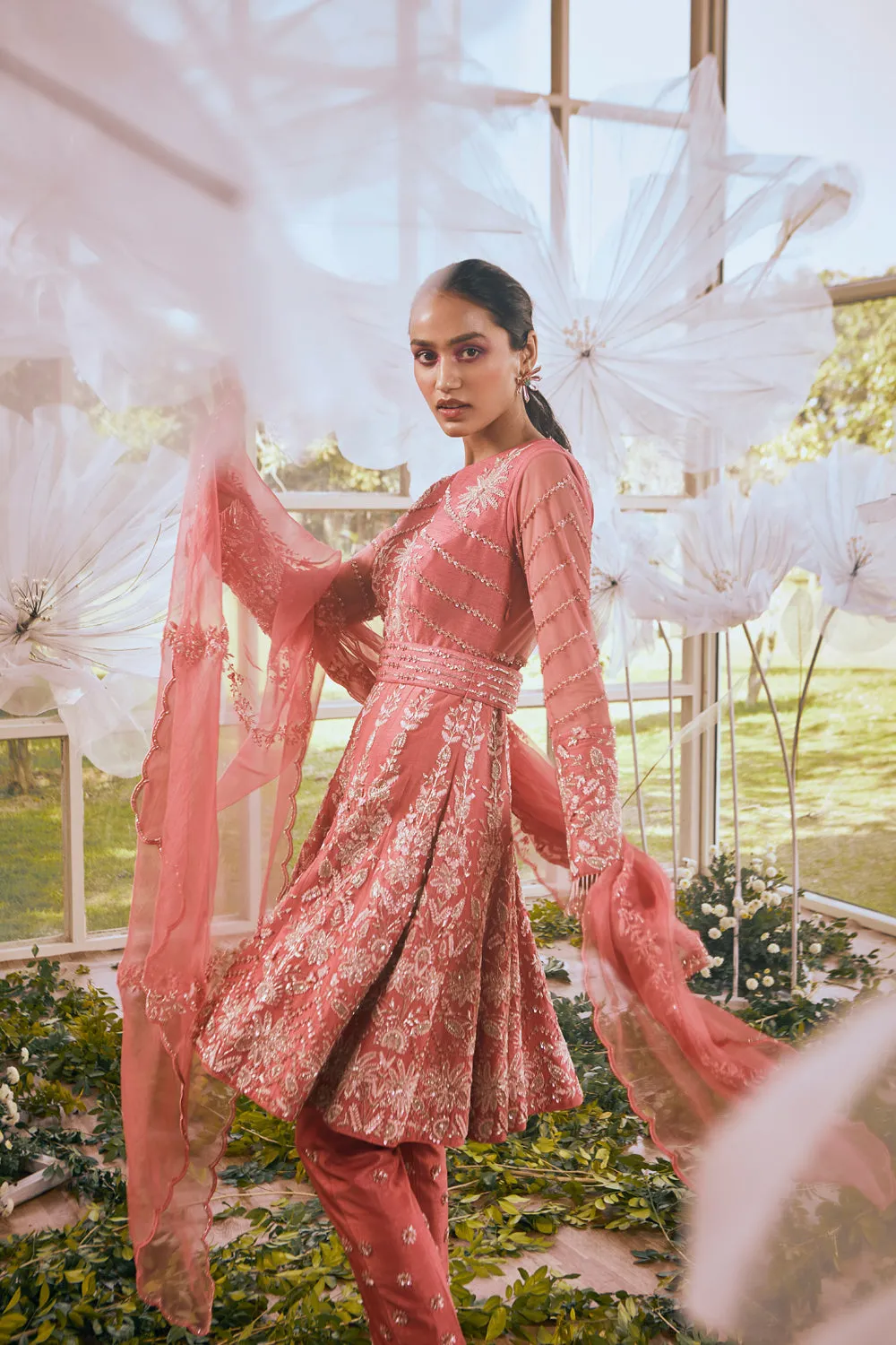 Brick Red Short Anarkali/ Pants/Dupatta/Belt