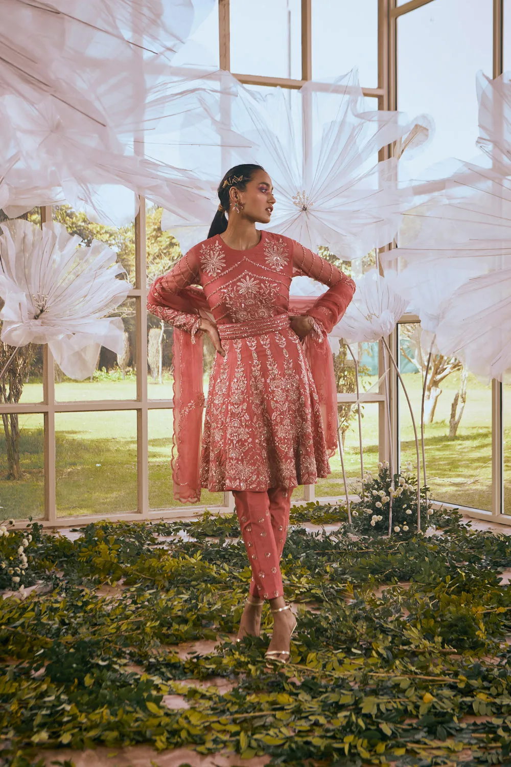 Brick Red Short Anarkali/ Pants/Dupatta/Belt