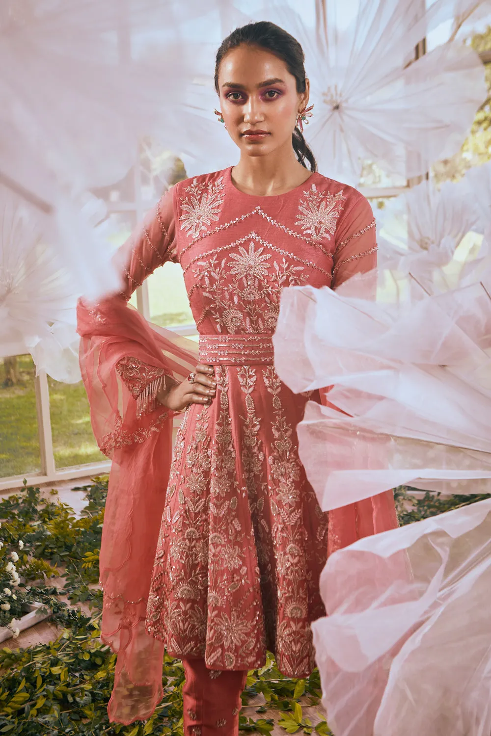 Brick Red Short Anarkali/ Pants/Dupatta/Belt
