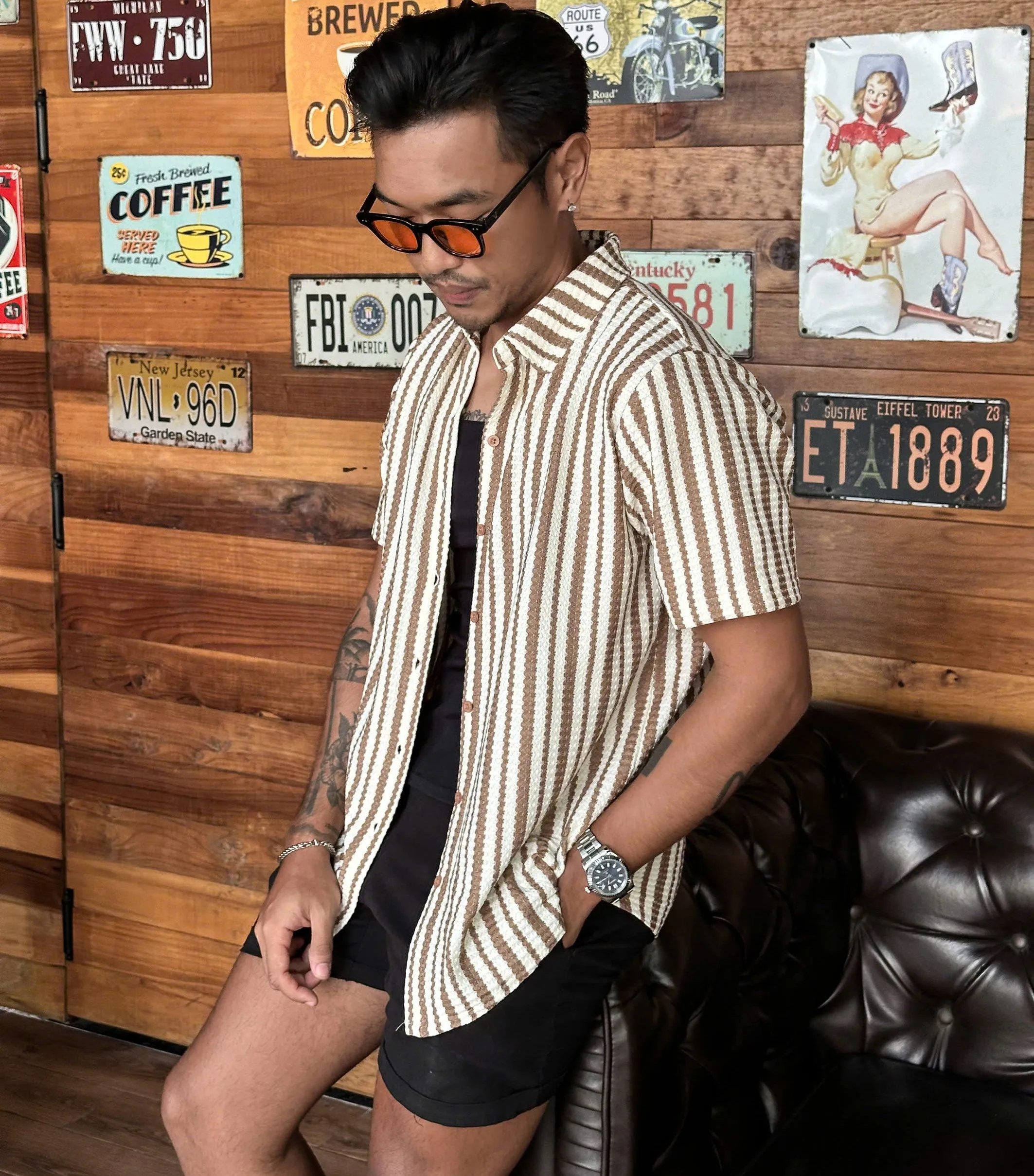 BROWN KNIT STRIPE SHIRTS