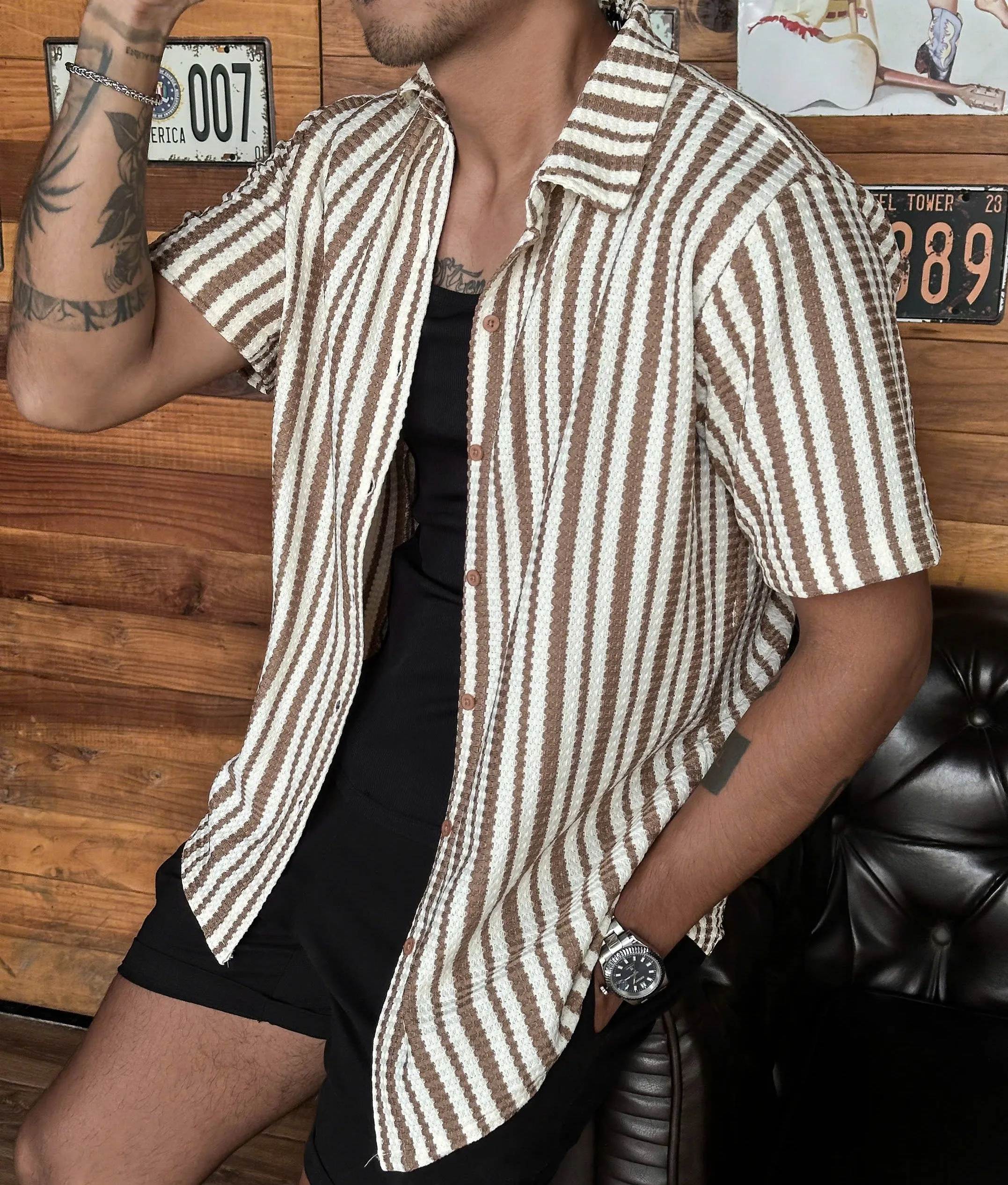 BROWN KNIT STRIPE SHIRTS