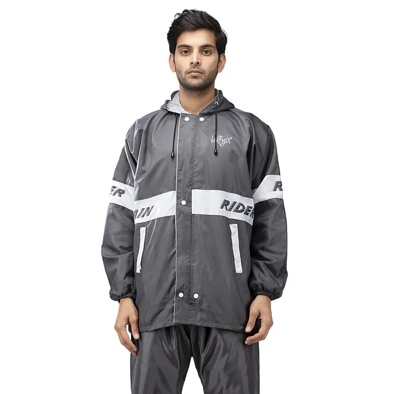 Bulfyss Raincoat 100% Waterproof Polyester Reversible Double Layer Rain Coat For Men Bike with Pants, Adjustable Hood, Inner Mobile Pocket and Storage Bag (XXL, Grey)