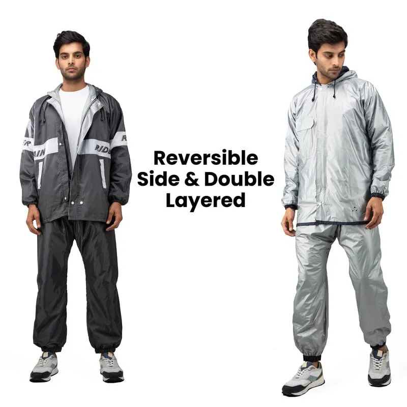 Bulfyss Raincoat 100% Waterproof Polyester Reversible Double Layer Rain Coat For Men Bike with Pants, Adjustable Hood, Inner Mobile Pocket and Storage Bag (XXL, Grey)