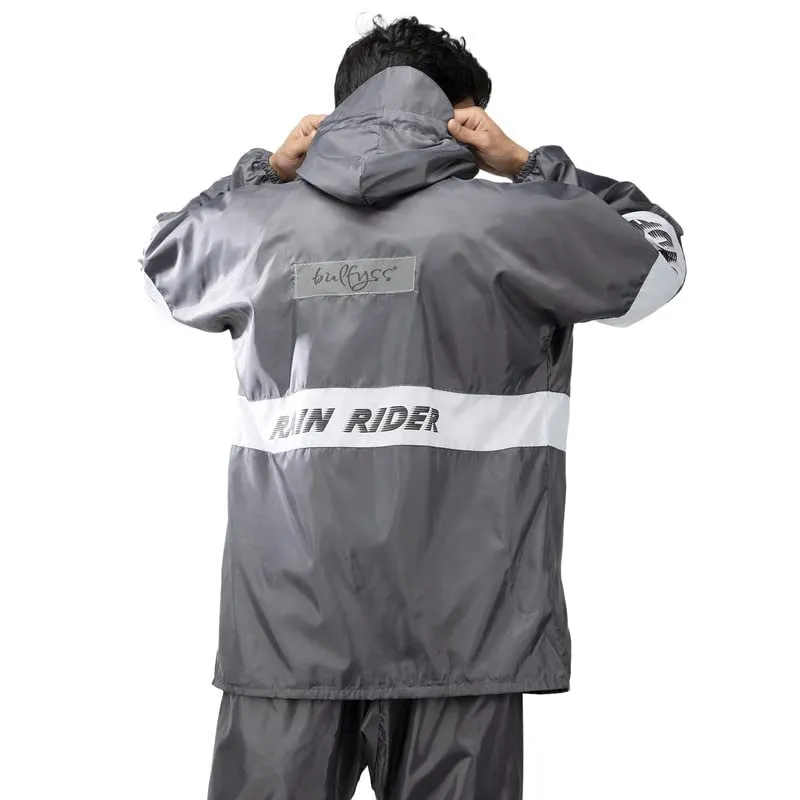 Bulfyss Raincoat 100% Waterproof Polyester Reversible Double Layer Rain Coat For Men Bike with Pants, Adjustable Hood, Inner Mobile Pocket and Storage Bag (XXL, Grey)