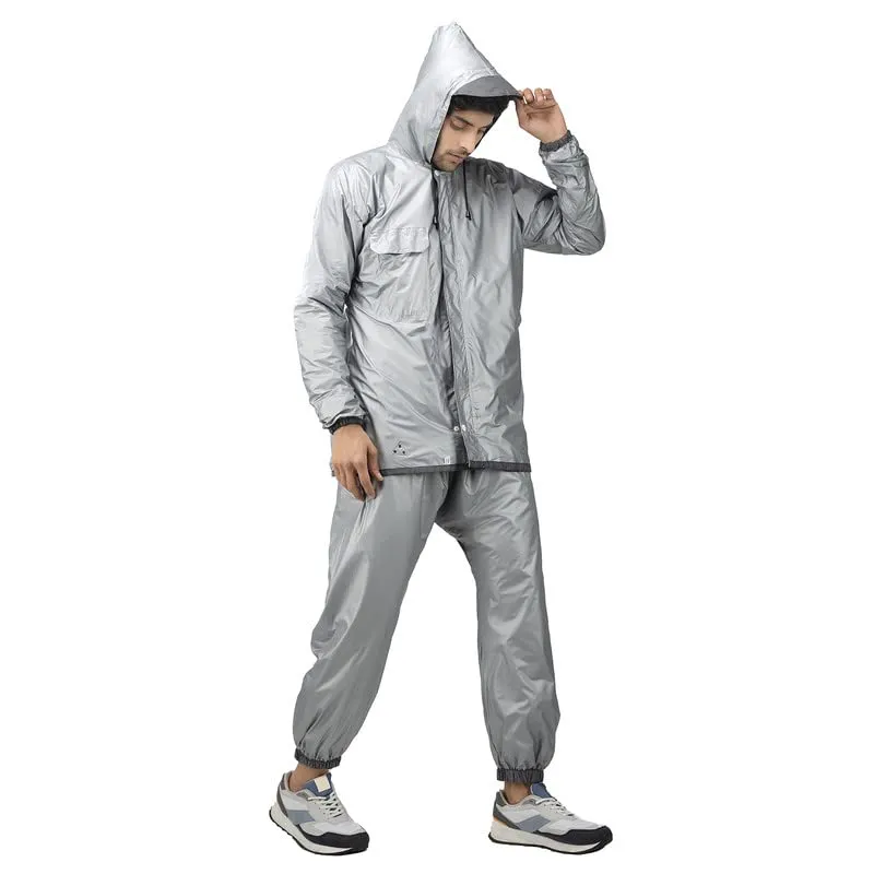 Bulfyss Raincoat 100% Waterproof Polyester Reversible Double Layer Rain Coat For Men Bike with Pants, Adjustable Hood, Inner Mobile Pocket and Storage Bag (XXL, Grey)