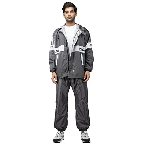 Bulfyss Raincoat 100% Waterproof Polyester Reversible Double Layer Rain Coat For Men Bike with Pants, Adjustable Hood, Inner Mobile Pocket and Storage Bag (XXL, Grey)