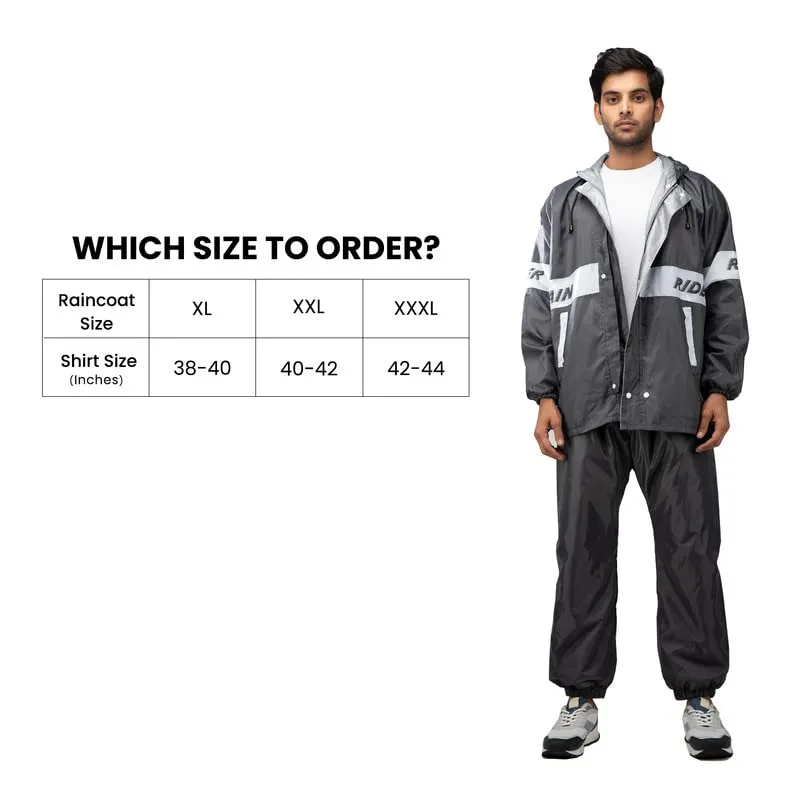 Bulfyss Raincoat 100% Waterproof Polyester Reversible Double Layer Rain Coat For Men Bike with Pants, Adjustable Hood, Inner Mobile Pocket and Storage Bag (XXL, Grey)