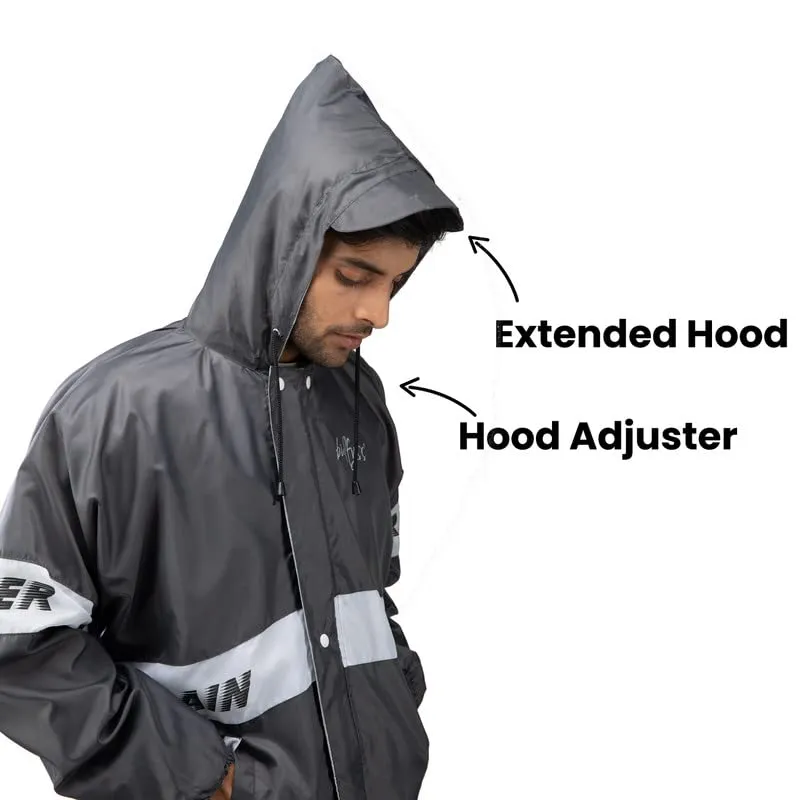 Bulfyss Raincoat 100% Waterproof Polyester Reversible Double Layer Rain Coat For Men Bike with Pants, Adjustable Hood, Inner Mobile Pocket and Storage Bag (XXL, Grey)
