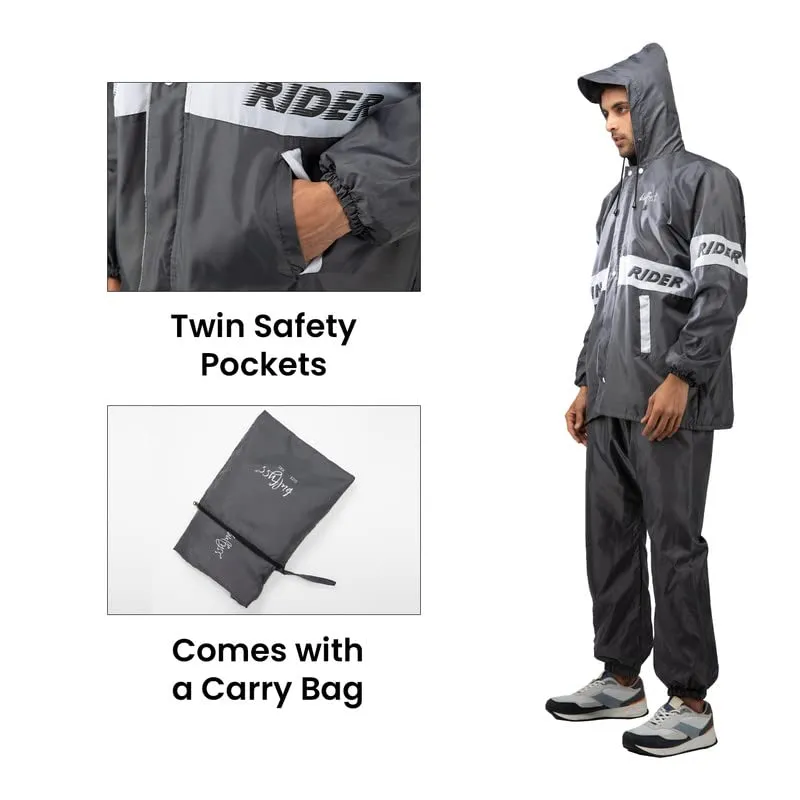 Bulfyss Raincoat 100% Waterproof Polyester Reversible Double Layer Rain Coat For Men Bike with Pants, Adjustable Hood, Inner Mobile Pocket and Storage Bag (XXL, Grey)